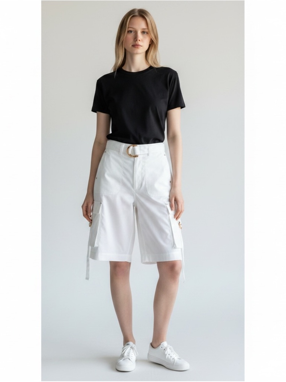 Avec Les Filles Size 26 White Long Cargo Bermuda Shorts Belted Utility NWT